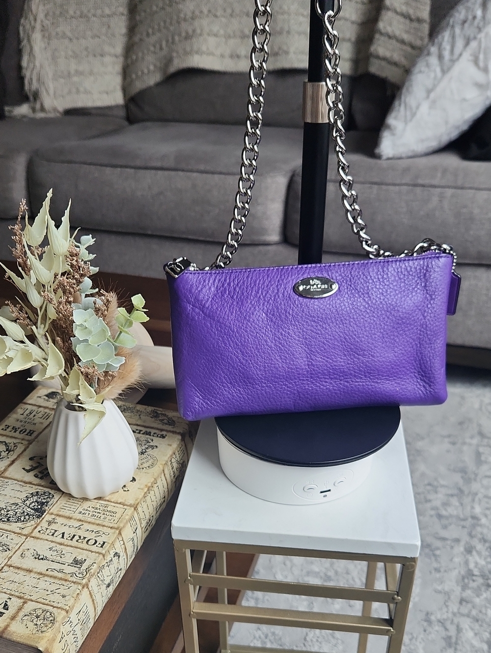 COACH Purple Pebbled Leather Crossbody Bag Silver Chain Strap